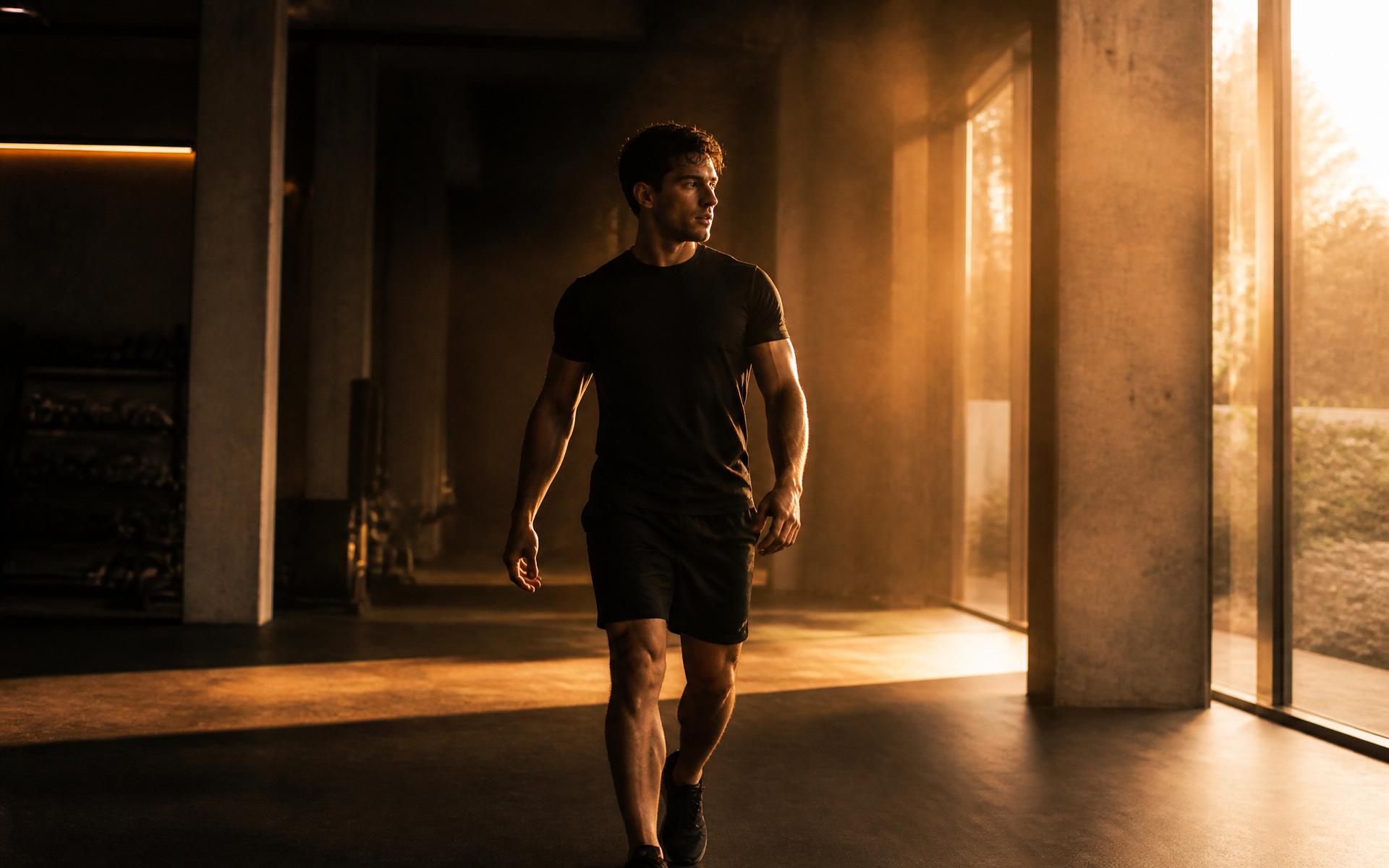 Atleta em academia iluminada pelo pôr do sol